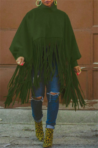 Army Green Casual Solid Color Fringed Trim Turtleneck Tops