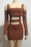 Camel Sexy Solid Color Hollow Out Patchwork Square Neck Wrapped Skirt Dresses