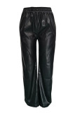 Black Casual Solid Color Pocket Regular High Waist Conventional Solid Color Trousers