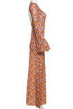 Orange Elegant Print Patchwork Backless O Neck Long Dresses