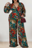 Purple Casual Print Patchwork V Neck Plus Size Jumpsuits