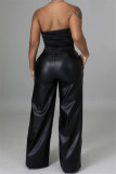 Black Casual Solid Color Pocket Regular High Waist Conventional Solid Color Trousers
