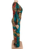 Purple Casual Print Patchwork V Neck Plus Size Jumpsuits