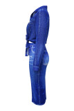 Blue Casual Print Slit Turndown Collar Long Sleeve Two Pieces