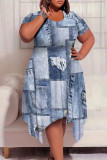 Multicolor Casual Street Faux Denim Print Pocket Irregular Contrast O Neck Printed Plus Size Dresses