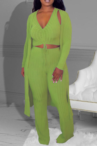 Green Casual Solid Color Draw String Patchwork V Neck Long Sleeve Three Pieces