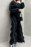 Black Street Solid Color Draw String Patchwork Strap Design V Neck Tops