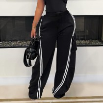 Black Casual Stripe Pocket Patchwork Contrast Loose Mid Waist Wide Leg Patchwork Bottoms