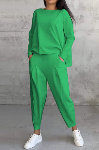 Green Casual Solid Color Pocket O Neck Long Sleeve Two Pieces