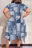 Multicolor Casual Street Faux Denim Print Pocket Irregular Contrast O Neck Printed Plus Size Dresses