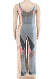 Green Casual Print Pocket Patchwork Spaghetti Strap Plus Size Jumpsuits