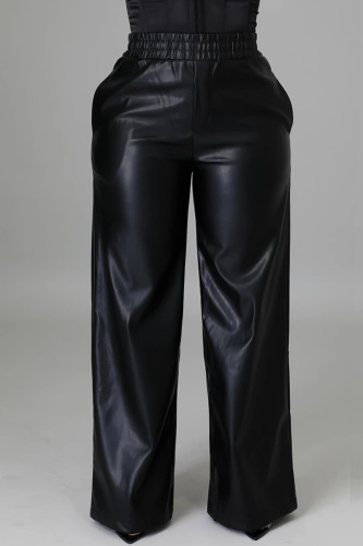 Black Casual Solid Color Pocket Regular High Waist Conventional Solid Color Trousers