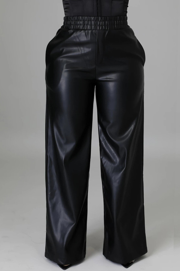 Black Casual Solid Color Pocket Regular High Waist Conventional Solid Color Trousers