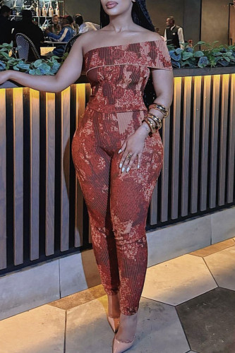 Burgundy Sexy Print Patchwork Backless Oblique Collar Skinny Jumpsuits