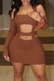 Camel Sexy Solid Color Hollow Out Patchwork Square Neck Wrapped Skirt Dresses