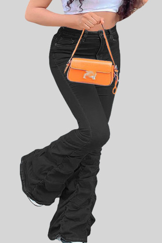 Black Street Solid Color Pocket Buttons Patchwork Ruched Zipper Mid Waist Boot Cut Denim Jeans