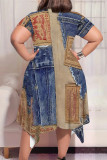 Multicolor Casual Street Faux Denim Print Pocket Irregular Contrast O Neck Printed Plus Size Dresses