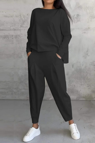 Black Casual Solid Color Pocket O Neck Long Sleeve Two Pieces