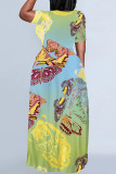 White Casual Print Basic O Neck Long Plus Size Dresses
