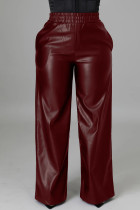 Burgundy Casual Solid Color Pocket Regular High Waist Conventional Solid Color Trousers