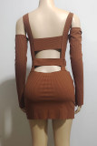 Camel Sexy Solid Color Hollow Out Patchwork Square Neck Wrapped Skirt Dresses