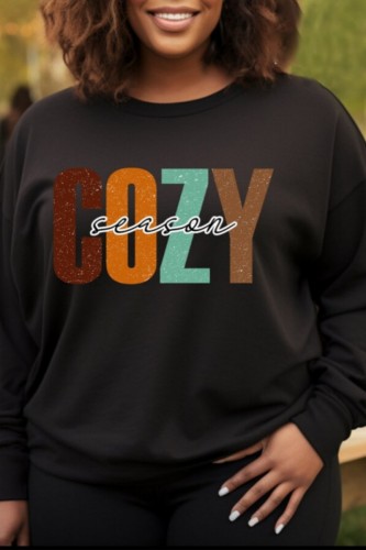 Black Casual Letter Print Basic O Neck Tops