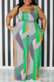 Green Casual Print Pocket Patchwork Spaghetti Strap Plus Size Jumpsuits
