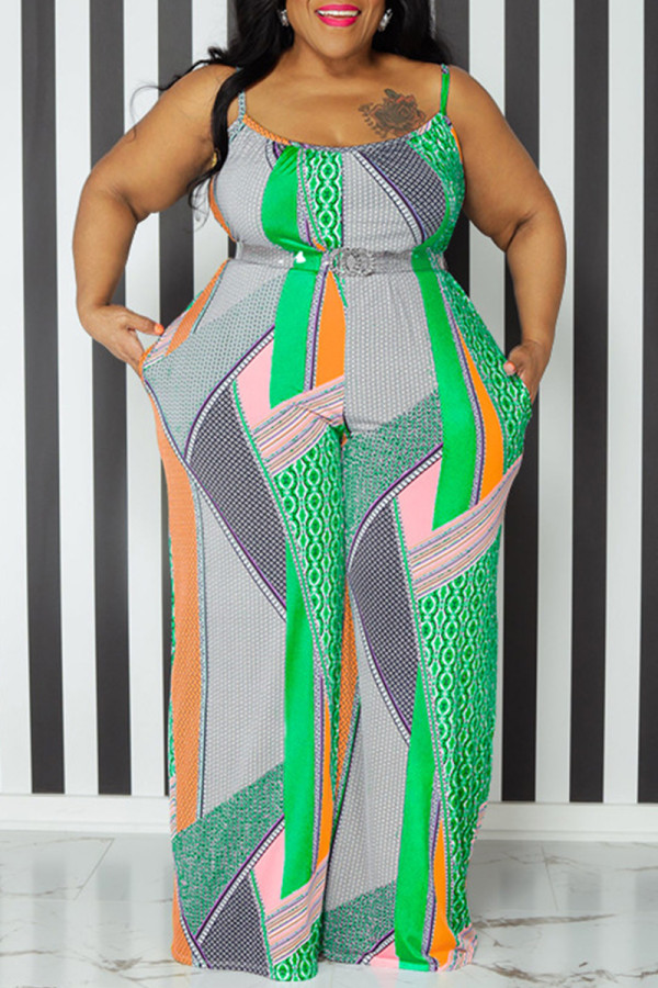 Green Casual Print Pocket Patchwork Spaghetti Strap Plus Size Jumpsuits