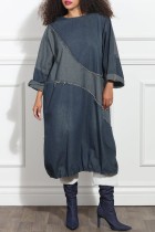 Blue Casual Patchwork Contrast O Neck Long Sleeve Loose Denim Dresses