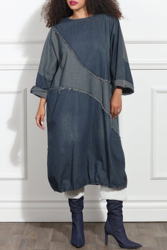 Blue Casual Patchwork Contrast O Neck Long Sleeve Loose Denim Dresses