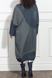 Blue Casual Patchwork Contrast O Neck Long Sleeve Loose Denim Dresses