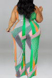 Green Casual Print Pocket Patchwork Spaghetti Strap Plus Size Jumpsuits
