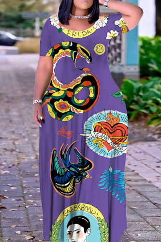 Purple Casual Print Basic O Neck Long Plus Size Dresses