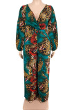 Purple Casual Print Patchwork V Neck Plus Size Jumpsuits