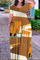 Brown Casual Print Basic O Neck Long Plus Size Dresses