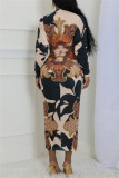 Brown Casual Print Patchwork Slit V Neck Long Dresses