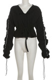 Black Street Solid Color Draw String Patchwork Strap Design V Neck Tops