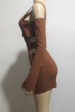 Camel Sexy Solid Color Hollow Out Patchwork Square Neck Wrapped Skirt Dresses