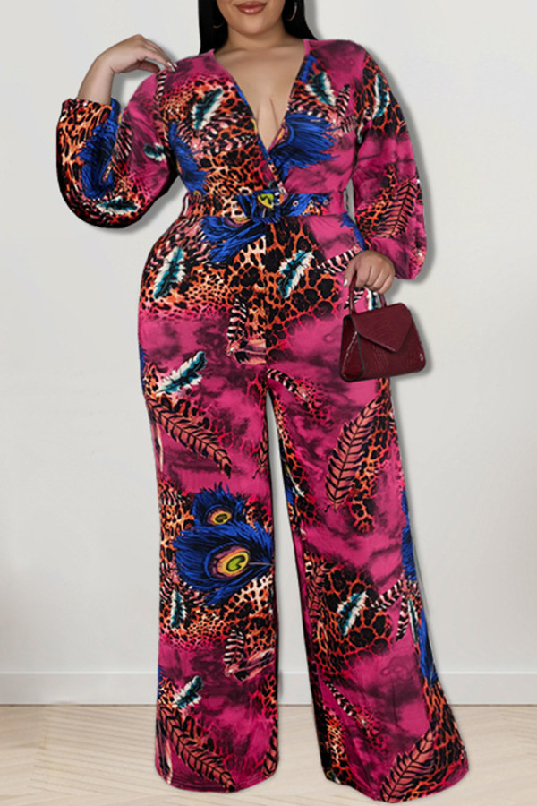 Purple Casual Print Patchwork V Neck Plus Size Jumpsuits
