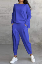 Blue Casual Solid Color Pocket O Neck Long Sleeve Two Pieces
