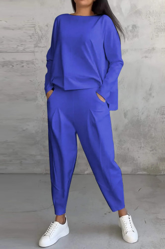 Blue Casual Solid Color Pocket O Neck Long Sleeve Two Pieces