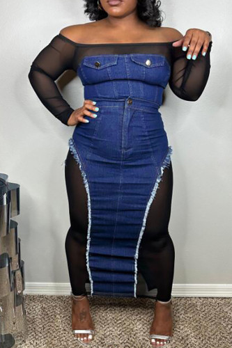Blue Sexy Buttons Patchwork See-Through Zipper Off Shoulder Long Sleeve Two Pieces