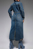 Blue Street Solid Color Pocket Buckle Patchwork Slit Turndown Collar Long Sleeve High Waist Regular Denim Dresses