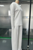 White Casual Solid Color Pocket O Neck Long Sleeve Two Pieces