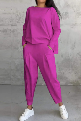 Purple Casual Solid Color Pocket O Neck Long Sleeve Two Pieces