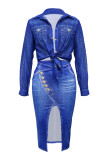Blue Casual Print Slit Turndown Collar Long Sleeve Two Pieces