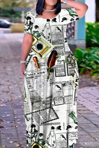 White Casual Print Basic O Neck Long Plus Size Dresses