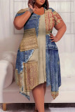 Multicolor Casual Street Faux Denim Print Pocket Irregular Contrast O Neck Printed Plus Size Dresses