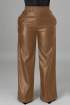 Coffee Casual Solid Color Pocket Regular High Waist Conventional Solid Color Trousers