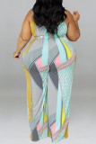 Green Casual Print Pocket Patchwork Spaghetti Strap Plus Size Jumpsuits